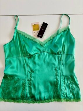 VTG ECI LP Green Satin Silk Spandex Lace-Trim Camisole Sequined Beaded 90s Y2K